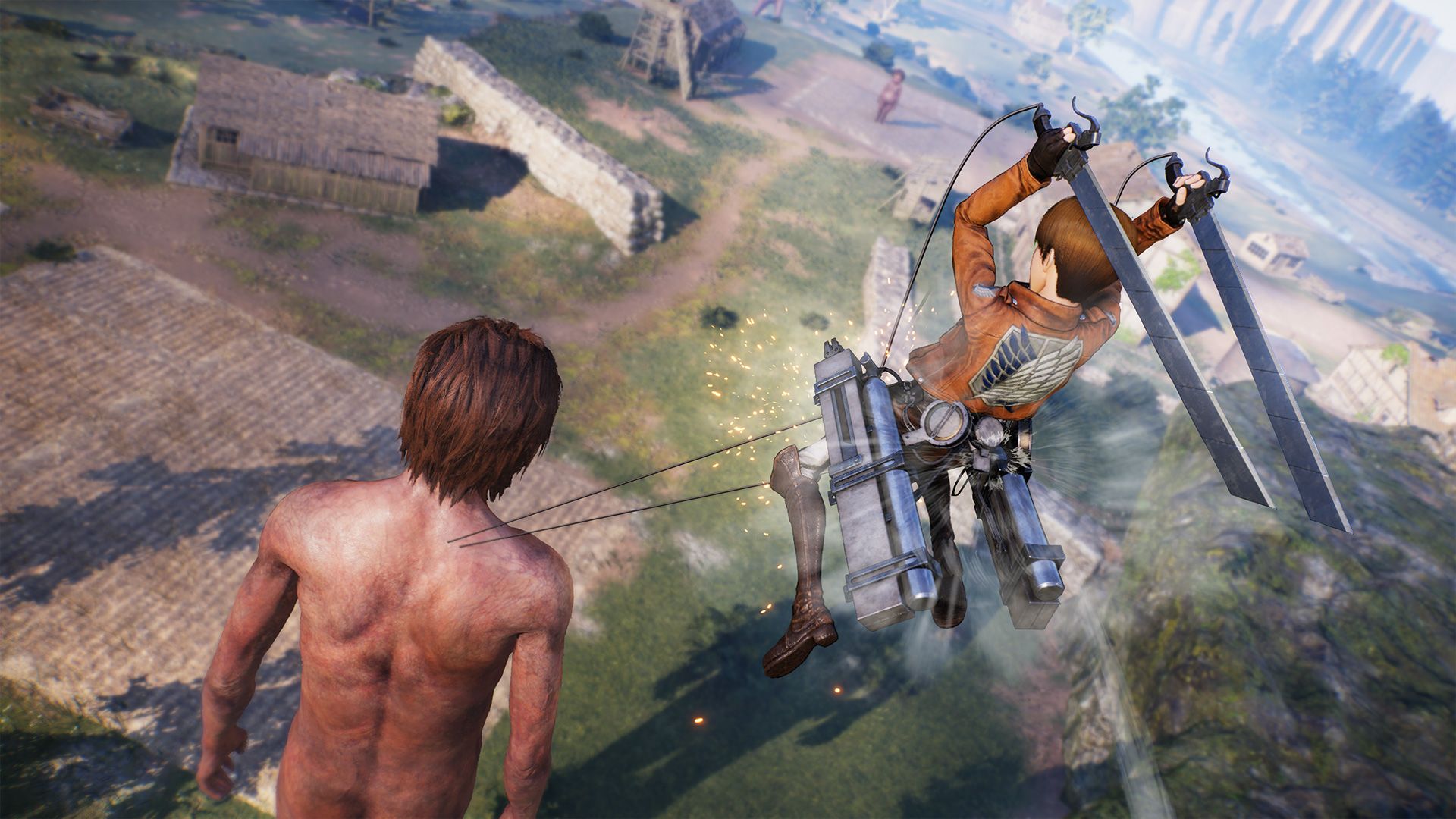 Attack on Titan 3 split-screen status — official single-player combat screenshot